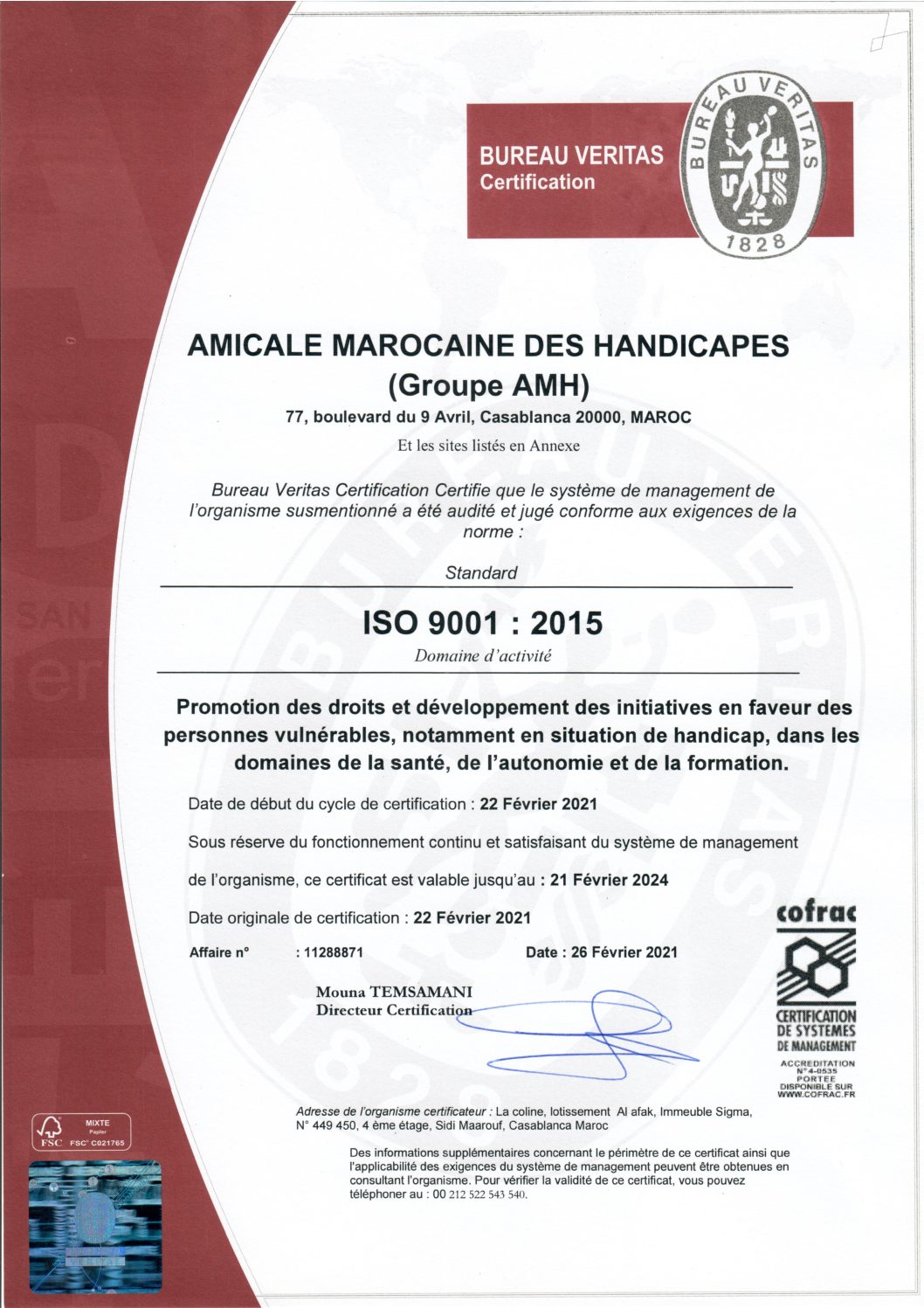 Optimisme Isaac Schrikken Le Groupe AMH, 1er groupement d'entreprenariat social certifié ISO 9001 v  2015 au Maroc - AMH